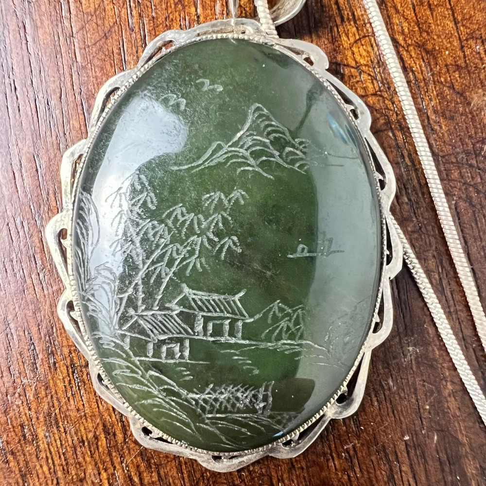Vintage Silver Jasper Japanese Pendant Necklace Takan Carved Artsy Unique Green